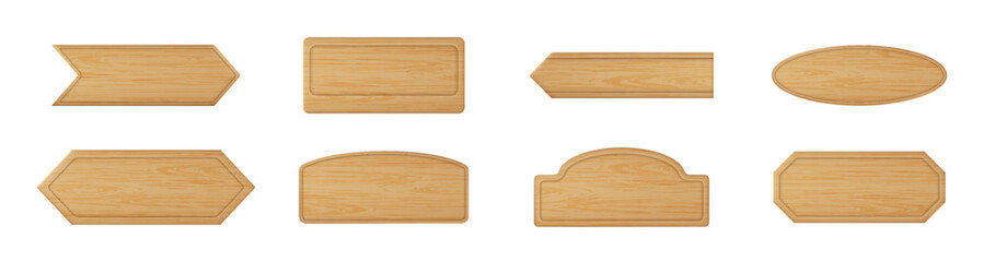 Wood frame. Wooden sign board, 3d game plaque or blank signboard different forms. Nail bar label, farm name billboard. blank banners, design templates. Vector realistic icon set
