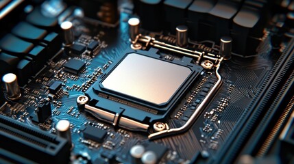 A close-up of a computer processor on a motherboard with various components and connectors.