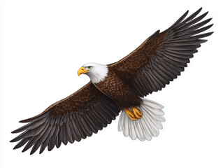 Obraz premium Majestic bald eagle soaring gracefully through the sky, showcasing its impressive wingspan and striking plumage, symbolizing freedom and strength in nature's beauty