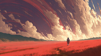 A solitary traveler in a futuristic suit walks across a wide open red field beneath dramatic glowing rifts in the sky and swirling clouds, digital art style, illustration painting Stock Illustration