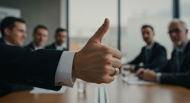 Business meeting with a thumbs up gesture in focus at the table.