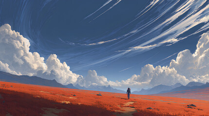 A solitary traveler in a futuristic suit walks across a wide open red field beneath dramatic glowing rifts in the sky and swirling clouds, digital art style, illustration painting Stock Illustration