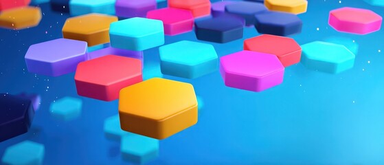 Obraz premium Colorful hexagons floating on a blue surface, vibrant geometric arrangement