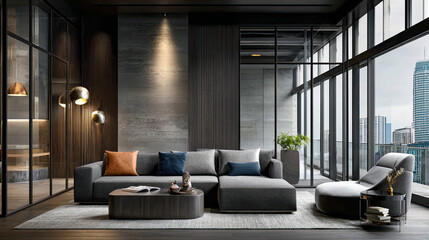 Modernes Loft-Interior mit Beton, Holz und Glas. Offene Grundrisse: Wohnküche mit Insel, Lounge und Schlafzimmer. Große Fenster, warmes Licht und elegante, minimalistische Innenarchitektur – ideal für