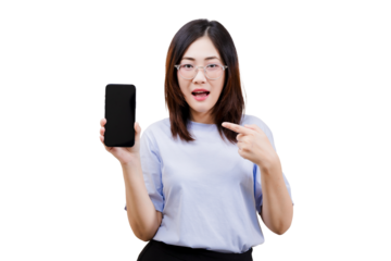 A young woman with glasses points at a smartphone, expressing enthusiasm while wearing a casual light blue shirt.