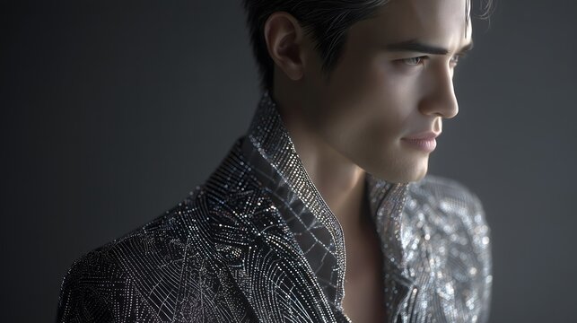 Virtual male model in metallic mesh blazer with dramatic side lighting and soft spotlight, emphasizing high cheekbones and modern fashion portrait style
