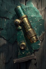 Ultra-detailed macro of an antique brass microscope with green patina on cracked rotting wood. Eerie volumetric moonlight casts deep shadows.