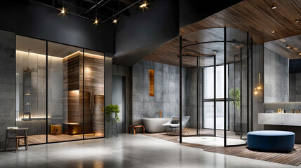 Modernes Loft-Interior mit Beton, Holz und Glas. Offene Grundrisse: Wohnküche mit Insel, Lounge und Schlafzimmer. Große Fenster, warmes Licht und elegante, minimalistische Innenarchitektur – ideal für