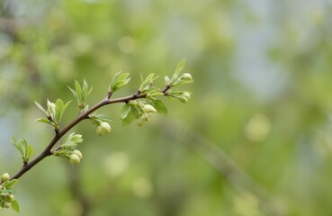 Young mock orange bush branch displays new green leaves and closed buds against soft green springtime background. Plenty of copy space for text overlays, ideal for design projects or nature themes.