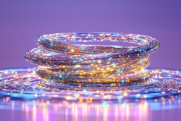 Illuminated Coils of Fiber Optic Cables with Glowing Blue and Gold Lights