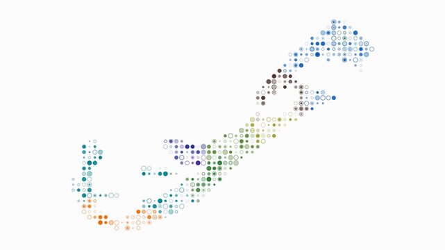 Bermuda map animation. Shape of the country with pulsating colored dots. Small size circle blocks. Digital style Bermuda map on white background. Vibrant video.