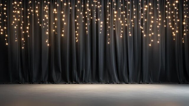 Christmas new years eve graduation background with empty place for text, black curtain drapes and Christmas moving light string and empty blank stage for product placement display
