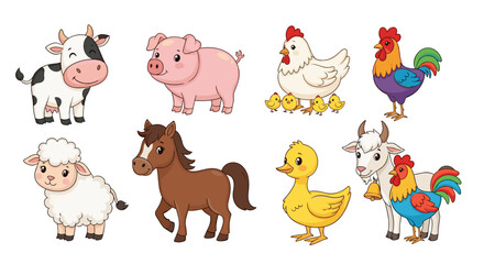 Farm animal cartoon characters standing isolated on a white background