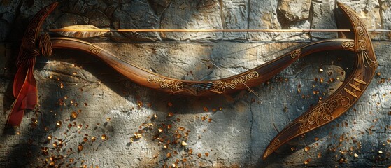 Ancient mahogany recurve bow detailed with gold leaf and deep red ceremonial silk on weathered stone wall. Dramatic side lighting casts long shadows. Cinematic ultra-detailed craftsmanship. Watermark.