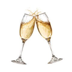 Illustration of two champagne flutes clinking together, causing a splash of bubbly liquid.