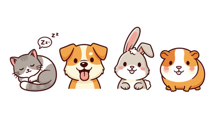 Obraz premium Adorable cartoon pets illustration with a cute cat, dog, rabbit, and guinea