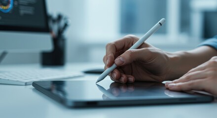Hands using a stylus on a tablet device with computer in background.