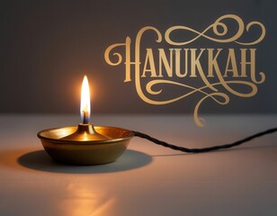 Lit Hanukkah lamp with decorative script on grey background