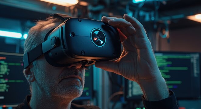 Person wearing a virtual reality headset in a room with computer screens.