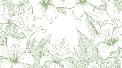 Fototapeta premium Botanical themed hand drawn flowers print seamless pattern old vintage calligraphy style green pattern on white background, sketch style