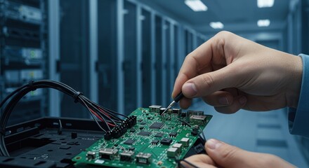 Hands work on a circuit board in a server room environment.