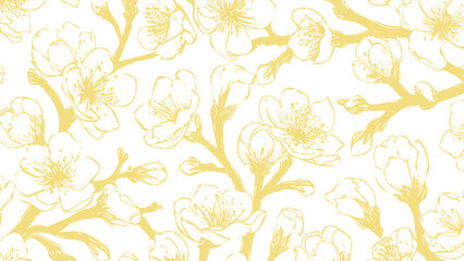 Yellow and white seamless patterns background with flowers sakura.  Botanic tropical wallpaper with daisies flower and leaves.  © Lara