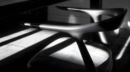 A modern chair with intricate details, dark tones, and dramatic shadows.
