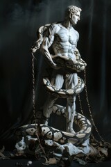 Ancient Greek marble statue of an athletic man entwined by an ultra-detailed python. Dramatic shadows, high contrast lighting and textured form captured vividly with an 85mm lens.