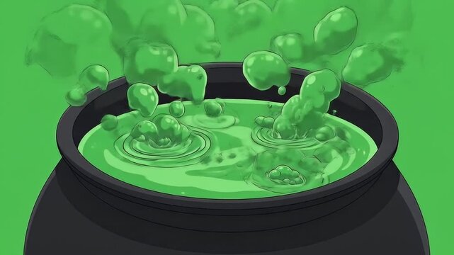 Bubbling green cauldron potion with spooky smoke