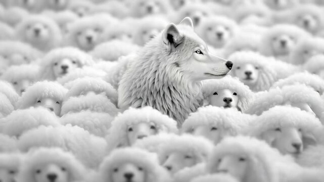 Lone wolf with intense gaze surrounded by white sheep in monochrome landscape. Wolf stands prominently in center, surrounded by uniform sheep faces