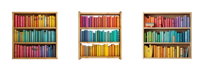 Colorful book collection displayed on shelves in artistic library, isolated on transparent background, png set