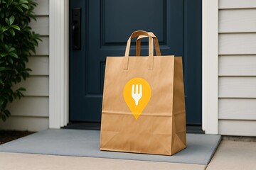 Paper food delivery bag with generic pin and fork icon left at front door on suburban porch