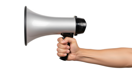 Hand Holding Silver Megaphone Announcement Concept