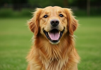Obraz premium A golden retriever dog with a happy expression sitting on green grass