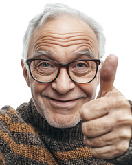 Smiling senior man with glasses and beard giving a thumbs up isolated on transparent background