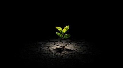 Naklejka premium A small sprout, vibrant green, emerges from cracked earth, illuminated by a single light source, highlighting resilience and hope in a dark environment.