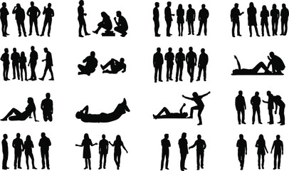 Black silhouettes of diverse people groups in various poses and activities, isolated on white background for design, education, and communication