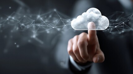 Interactive cloud computing concept with a business professional touching a digital cloud symbol representing data access and technology connectivity