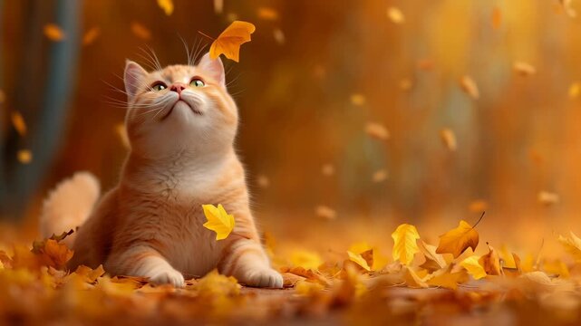 Orange tabby kitten sitting among falling yellow maple leaves, looking upward with curiosity. Warm golden autumn background with soft blurred light