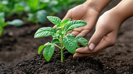 Tender Hands Nurturing a Young Plant in Rich, Dark Soil, Close-Up View