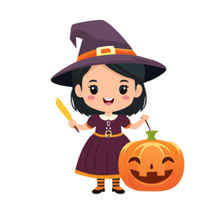 Cheerful Cartoon Witch Character Ready for Trick-or-Treat with Jack-o'-Lantern on White Background