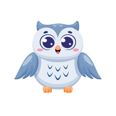 Fototapeta premium Cute Cartoon Baby Owl Illustration with Bright Big Eyes and Blue Feathers Isolated on White