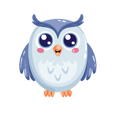 Fototapeta premium Adorable cartoon owl with big eyes and blue feathers, a charming vector illustration perfect for children's designs and nature themes, ideal for educational content.