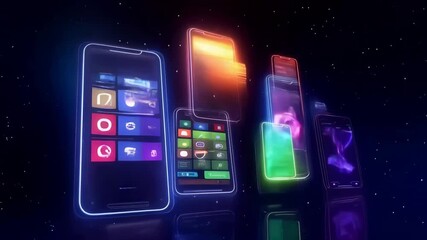 Multiple translucent smartphone screens with glowing neon interfaces displayed against starry dark background. Screens showcase various app layouts, user interfaces - Powered by Adobe