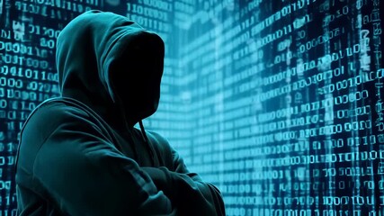 Hooded figure with obscured face standing against background of binary code and digital data in teal blue tones, representing cybercrime, internet security, and digital anonymity - Powered by Adobe