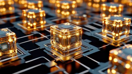 Illuminated Golden Cubes on Circuit Board, Futuristic Digital Technology Concept