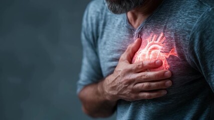 Man clutches chest with glowing heart overlay, illustrating potential cardiovascular health concerns. Focus on heart health and aging issues. - Powered by Adobe