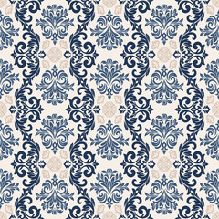Fototapeta premium Blue damask stripe pattern vintage ornamental design, elegant damask wallpaper texture, seamless damask decorative background for classic interior projects