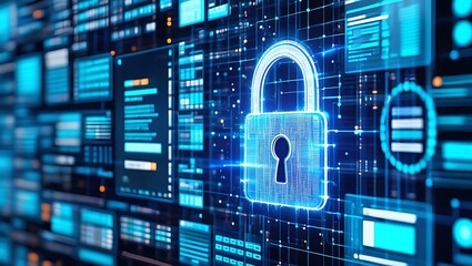 Digital padlock glowing on a futuristic blue screen with data streams and code