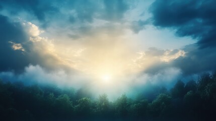 Obraz premium Serene Morning Sunrise Illuminating Foggy Forest Landscape Scene